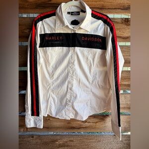 Harley-Davidson White Shirt with Black & Red sleeve stripes embroidered XL
